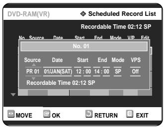 SAMSUNG DVD-R121 - Press the buttons to select the number of the timer recording you want to edit, then press the OK or button. - 2