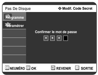 SAMSUNG DVD-R121 - Saisissez le code secret composé de 4 chiffres à l'aide des boutons numérotés de 0 à 9 de la télécommande. Le message 'Confirmer le mot de passer' s'affiche. Veuillez dessaisir votre code secret. - 1
