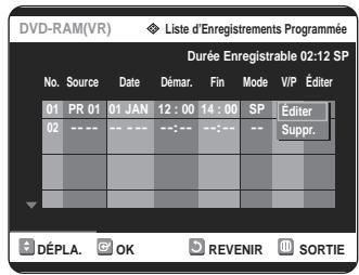 SAMSUNG DVD-R125P - Appuyez sur les touches ▲▼ pour selectionner le nombre d'Enregistements programmés que vous souhaitez modifier, puis appuyez sur la touche OK ou ▷. - 1