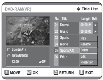 SAMSUNG DVD-R125P - Press the △ ▽ buttons to select an entry you want to delete in the Title List, then press the OK or ▶ button. - 2