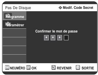 SAMSUNG DVD-R125P - Saisissez le code secret composé de 4 chiffres à l'aide des boutons numérotés de 0 à 9 de la télécommande. Le message 'Confirmer le mot de passer' s'affiche. Veuillez dessaisir votre code secret. - 1