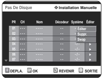 SAMSUNG DVD-R125P - Appuyez sur les boutons ▲▼ pour sélectionner un PR (programme) que vous souhaitez éditer, supprimer ou permuter, puis appuyez sur le bouton ▷ ou OK. Sélectionnez Editor, Suppr. ou Swap. - 1