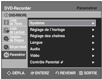 SAMSUNG DVD-R135 - Sélectionnez Paramétrer à l'aide des touches ▲▼, puis appuyez sur la touche ENTER ▷. Vous ne pouvez pas utiliser les fonctions de configuration en cours de lecture. - 1