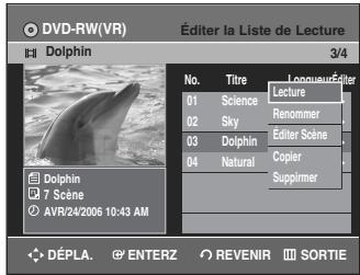 SAMSUNG DVD-R135 - Appuyez sur les touches  pour selectionner l'entrée de la Liste de lecture que vous souhaitez éditer, puis appuyez sur la touche ENTER ou L'écran Éditer une liste de lecture s'affiche : Lecture, Renommer, Éditer une scene, Copier, Supprimer - 1