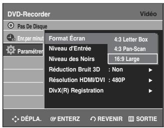 SAMSUNG DVD-R135 - Utilisez les touches ▲▼ pour sélectionner l'élement désiré (4:3 Letter Box, 4:3 Pan-Scan ou 16:9 Large). Puis, appuyez sur la touche ENTER ▷. - 1