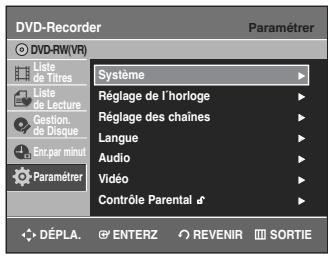 SAMSUNG DVD-R135 - Sélectionnez Paramétrer à l'aide des touches ▲▼, puis appuyez sur la touche ENTER ▷. Vous ne pouvez pas utiliser les fonctions de configuration en cours de lecture. - 1