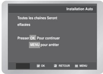 Installation Auto Toutes les chaînes Seront effacées Presser OK Pour continuer MENU pour arrêter