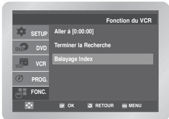 Fonction du VCR SETUP Aller à [0:00:00] Terminer la Recherche Balayage Index DVD VCR PROG. FONC. OK RETOUR MENU