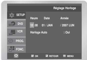 Réglage Horloge SETUP Heure Date Année 12:00 01 / JAN / 2007 LUN Horloge Auto : Oui OK RETOUR MENU
