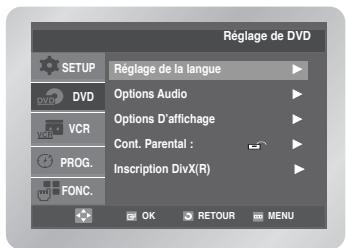 Réglage de DVD SETUP DVD VCR PROG. FONC. Réglage de la langue Options Audio Options D'affichage Cont. Parental : Inscription DivX(R) OK RETOUR MENU