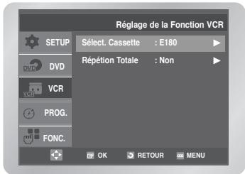 Réglage de la Fonction VCR SETUP DVRI VCR PROG. FONC. Sélect. Cassette : E180 Répétion Totale : Non OK RETOUR MENU