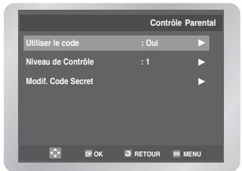 Contrôle Parental Utiliser le code : Oui Niveau de Contrôle : 1 Modif. Code Secret