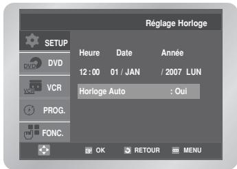 Réglage Horloge SETUP DVN DVD VCR PROG. FONC. Heure Date Année 12 : 00 01 / JAN / 2007 LUN Horloge Auto : Oui OK RETOUR MENU