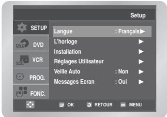 Setup SETUP Liangue : Français L'horloge Installation Réglages Utilisateur Veille Auto : Non Messages Ecran : Oui PROG. FONC. OK RETOUR MENU