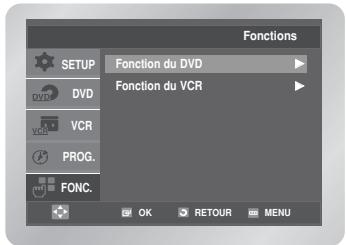 Fonctions SETUP DVCD VCR PROG. FONC. Fonction du DVD Fonction du VCR OK RETOUR MENU
