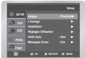 Setup SETUP L'horloge : Français Installation Réglages Utilisateur Veille Auto : Non Messages Ecran : Oui OK RETOUR MENU