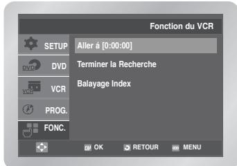 Fonction du VCR SETUP Aller à [0:00:00] Terminer la Recherche Balayage Index DVD VCR PROG. FONC. OK RETOUR MENU