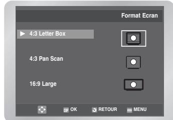 Format Ecran 4:3 Letter Box 4:3 Pan Scan 16:9 Large OK RETOUR MENU