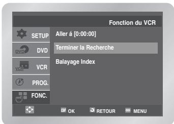 Fonction du VCR SETUP Aller à [0:00:00] Terminer la Recherche Balayage Index DVD VCR PROG. FONC. OK RETOUR MENU