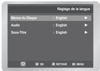 Réglage de la langue Menus du Disque : English ▶ Audio : English ▶ Sous-Titre : English ▶ OK RETOUR MENU