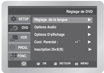 Réglage de DVD SETUP DVD VCR PROG. FONC. Réglage de la langue Options Audio Options D'affichage Cont. Parental : Inscription DivX(R) OK RETOUR MENU