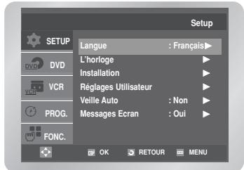 Setup SETUP DVD VCR PROG. FONC. Langue : Français L'horloge Installation Réglages Utilisateur Veille Auto : Non Messages Ecran : Oui OK RETOUR MENU