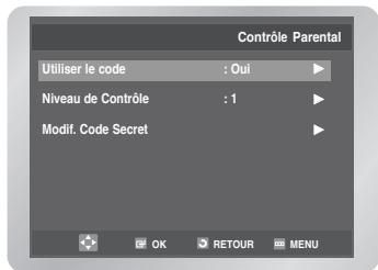 Contrôle Parental Utiliser le code : Oui Niveau de Contrôle : 1 Modif. Code Secret