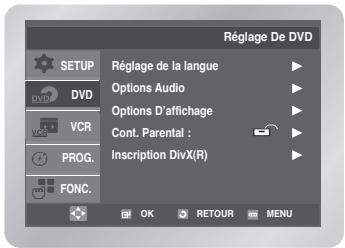 Réglage De DVD SETUP DVD VCR PROG. FONC. Réglage de la langue Options Audio Options D'affichage Cont. Parental : Inscription DivX(R) OK RETOUR MENU