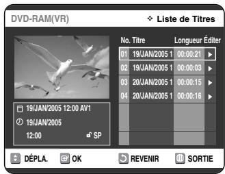 SAMSUNG DVD-VR325 - Sélectionnez Navigation par Disque en déplaçant la barre de selection à l'aide des touches ▲▼ puis appuyez deux fois sur OK ou sur ▷. L'écran Liste de Titres s'affiche. - 1