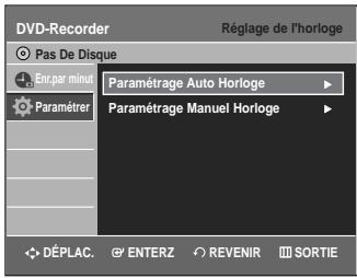 DVD-Recorder Pas De Disque Env.par minus Paramétrer Paramétrage Auto Horloge Paramétrage Manuel Horloge DéPLAC. ENTERZ REVENIR SORTIE