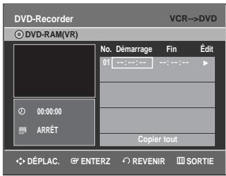 DVD-Recorder VCR->DVD DVD-RAM(VR) No. Démarrage Fin Édit 01 --- --- --- --- --- | 00:00:00 ARRÊT Copier tout DéPLAC. ENTERZ REVENIR SORTIE