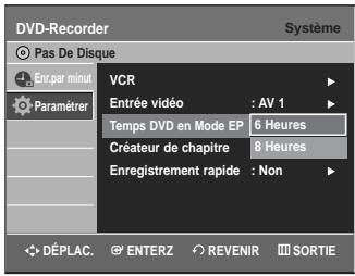 DVD-Recorder Pas De Disque En par minut Paramétrer VCR Entrée vidéo : AV 1 Temps DVD en Mode EP 6 Heures Créateur de chapitre 8 Heures Enregistrement rapide : Non DéPLAC. ENTERZ REVENIR SORTIE