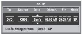 No. 01 To Source Date Démar. Fin Mode DVD CH06 Sam's 03:05 AM 05:05 AM SP Durée enregistrable 00:45 SP