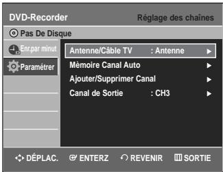 DVD-Recorder Réglage des chaînes Pas De Disque Enç par minut Paramétrer Antenne/Cable TV : Antenne Mémoire Canal Auto Ajouter/Supprimer Canal Canal de Sortie : CH3 DéPLAC. ENTERZ REVENIR SORTIE
