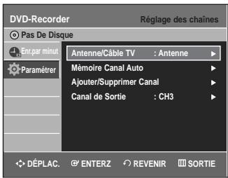 DVD-Recorder Réglage des chaînes Pas De Disque Enc par minut Paramétrer Antenne/Cable TV : Antenne Mémoire Canal Auto Ajouter/Supprimer Canal Canal de Sortie : CH3 DéPLAC. ENTERZ REVENIR SORTIE
