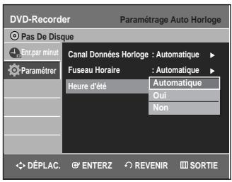 DVD-Recorder Pas De Disque Enc par minut Paramétrer Canal Données Horloge : Automatique Fuseau Horaire : Automatique Heure d'été Automatique Oui Non DéPLAC. ENTERZ REVENIR SORTIE
