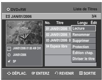 DVD+RW Liste de Titres JAN/01/2006 3/4 No. Titre Longu Édit 01 JAN/01/2006 1 Lecture 02 JAN/01/2006 1 Renommer 03 JAN/01/2006 0 Supprimer 04 Espace libre Protection Édition chap. Diviser le titre SP JAN/01/2006 01:00 AM CH1 JAN/01/2006