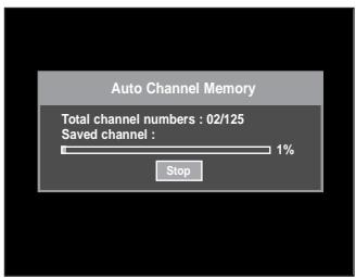 Auto Channel Memory Total channel numbers : 02/125 Saved channel : 1% Stop