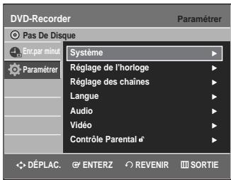DVD-Recorder Pas De Disque Paramétrer Système Réglage de l'horloge Réglage des chaînes Langue Audio Vidéo Contrôle Parental DéPLAC. ENTERZ REVENIR SORTIE