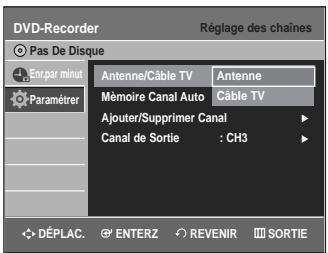 DVD-Recorder Réglage des chaînes Pas De Disque Enç par minut Paramétrer Antenne/Câble TV Antenne Mémoire Canal Auto Câble TV Ajouter/Supprimer Canal Canal de Sortie : CH3 DéPLAC. ENTERZ REVENIR SORTIE