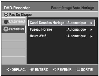DVD-Recorder Pas De Disque Enç par minut Paramétrer Canal Données Horloge : Automatique Fuseau Horaire : Automatique Heure d'été : Automatique DéPLAC. ENTERZ REVENIR SORTIE