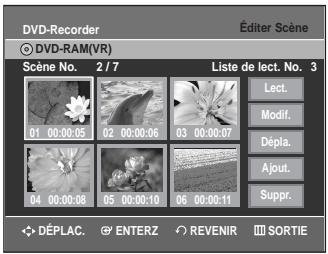 DVD-Recorder © DVD-RAM(VR) Scène No. 2/7 Liste de lect. No. 3 Lect. Modif. Dépla. Ajout. Suppr. DéPLAC. ENTERZ REVENIR SORTIE