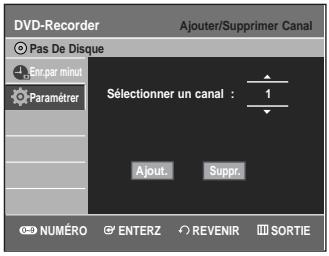 DVD-Recorder Pas De Disque Ent par minut Paramétrer Sélectionner un canal : 1 Ajout. Suppr. NUMÉRO ENTERZ REVENIR SORTIE