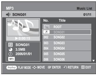 MP3 SONG01 01/11 No. Title ROOT SONG01 002 SONG02 003 SONG03 004 SONG04 005 SONG05 006 SONG06 SONG01 3.5MB 2006/01/01 MP3 Anykey PLAY MODE MOVE ENTER RETURN EXIT