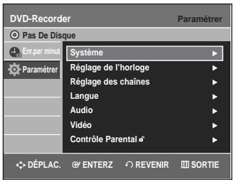 DVD-Recorder Pas De Disque Ençar minut Paramétrer Système Réglage de l'horloge Réglage des chaînes Langue Audio Vidéo Contrôle Parental DéPLAC. ENTERZ REVENIR SORTIE