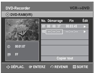 DVD-Recorder VCR->DVD © DVD-RAM(VR) No. Démarrage Fin Édit 01 00:00:37 00:03:45 02 ---:---:--- ---:---: 00:01:07 FF Copier tout DÉPLAC. ENTERZ REVENIR SORTIE