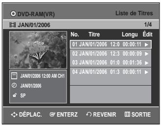 DVD-RAM(VR) Liste de Titres JAN/01/2006 1/4 No. Titre Longu Édit 01 JAN/01/2006 12:0 00:00:11 02 JAN/01/2006 12:3 00:00:09 03 JAN/01/2006 01:0 00:01:36 04 JAN/01/2006 01:3 00:00:11 JAN/01/2006 12:00 AM CH1 JAN/01/2006 SP DÉPLAC. ENTERZ REVENIR SORTIE