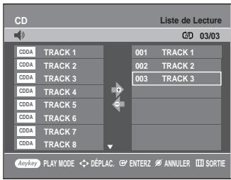 CD Liste de Lecture 03/03 CD0A TRACK 1 001 TRACK 1 CD0A TRACK 2 002 TRACK 2 CD0A TRACK 3 003 TRACK 3 CD0A TRACK 4 CD0A TRACK 5 CD0A TRACK 6 CD0A TRACK 7 CD0A TRACK 8 AnyPlay PLAY MODE ◀→ DÉPLAC. ENTERZ ANNULER SORTIE