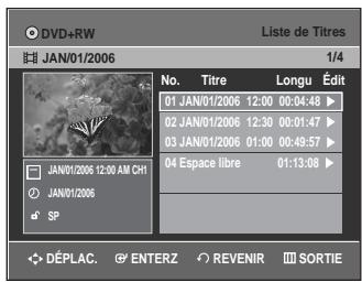 DVD+RW Liste de Titres JAN/01/2006 1/4 No. Titre Longu Édit 01 JAN/01/2006 12:00 00:04:48 ▶ 02 JAN/01/2006 12:30 00:01:47 ▶ 03 JAN/01/2006 01:00 00:49:57 ▶ 04 Espace libre 01:13:08 ▶ JAN/01/2006 12:00 AM CH1 JAN/01/2006 SP DéPLAC. ENTERZ REVENIR SORTIE
