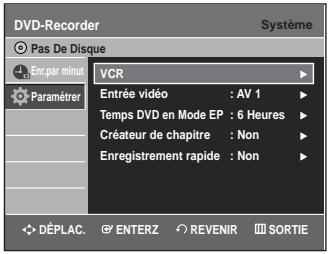 DVD-Recorder Système Pas De Disque En par minut Paramétrer VCR Entrée vidéo : AV 1 Temps DVD en Mode EP : 6 Heures Créateur de chapitre : Non Enregistrement rapide : Non DéPLAC. ENTERZ REVENIR SORTIE